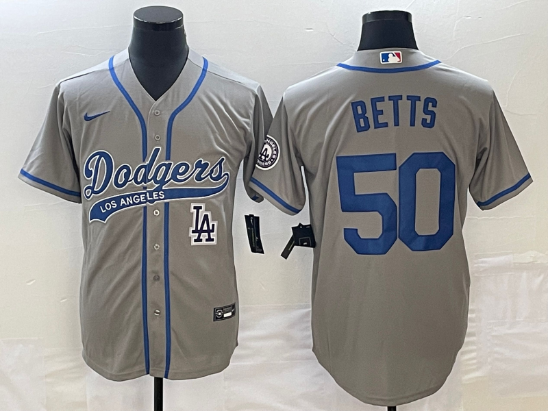 Men's Los Angeles Dodgers #50 Mookie Betts Gray With Patch Cool Base Stitched Baseball Jersey Men's Los Angeles Dodgers #50 Mookie Betts Gray With Patch Cool Base Stitched Baseball Jersey